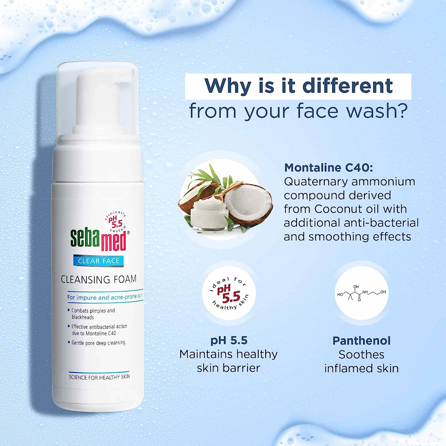 Sebamed Clear Face Foam, PH 5.5, Acne, Pimples & Blackheads, Montaline C40, Gentle Deep Cleanser (150ml)