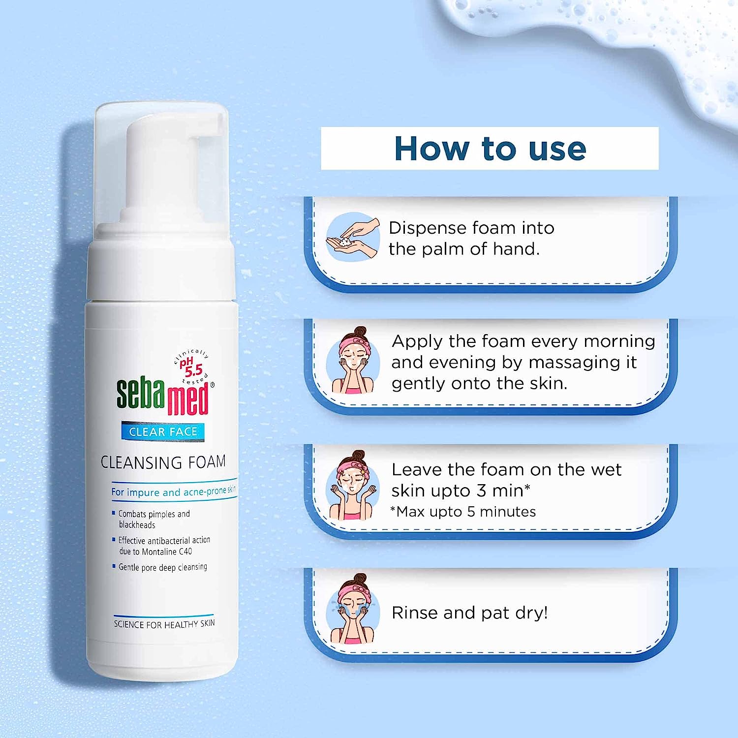 Sebamed Clear Face Foam, PH 5.5, Acne, Pimples & Blackheads, Montaline C40, Gentle Deep Cleanser (150ml)