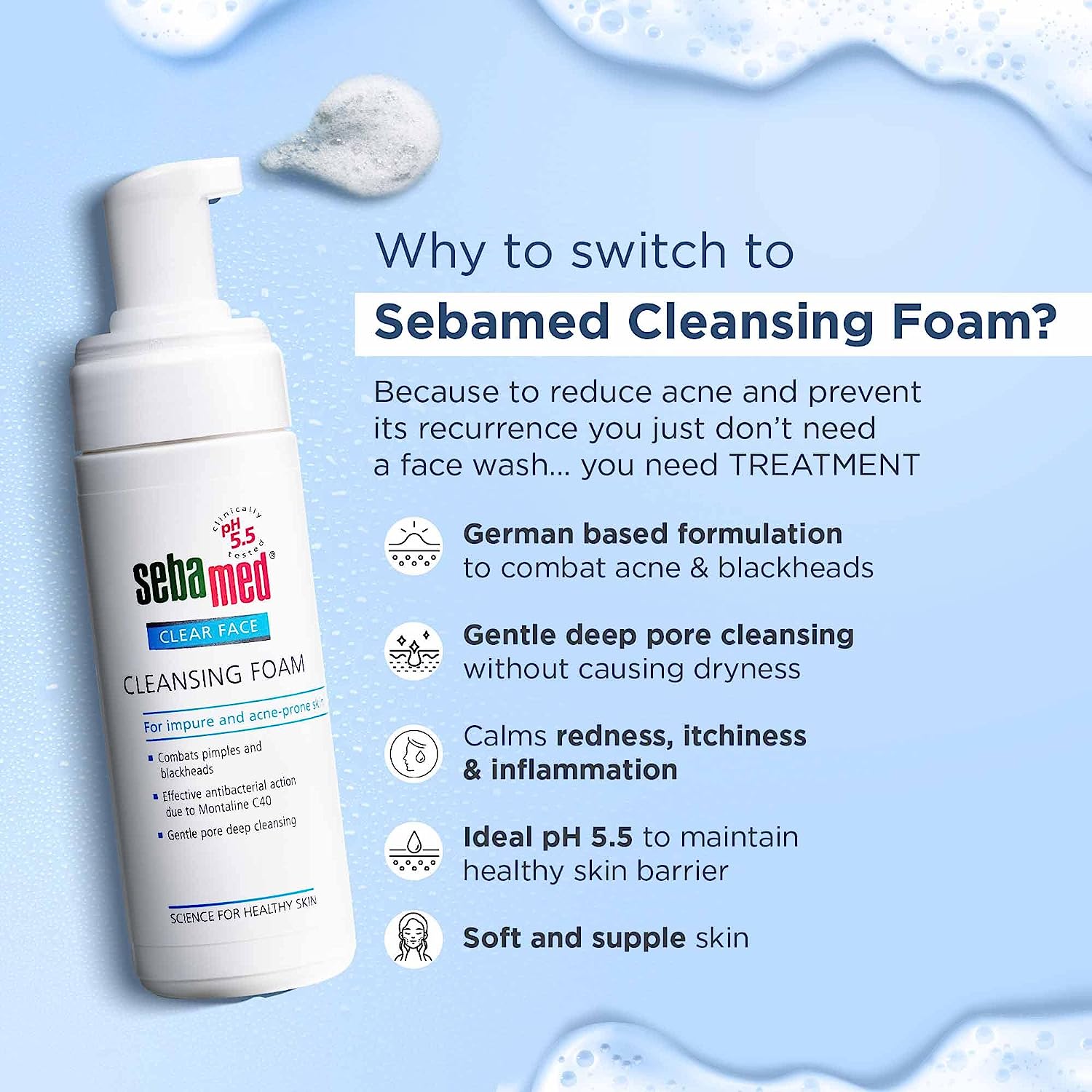 Sebamed Clear Face Foam, PH 5.5, Acne, Pimples & Blackheads, Montaline C40, Gentle Deep Cleanser (150ml)