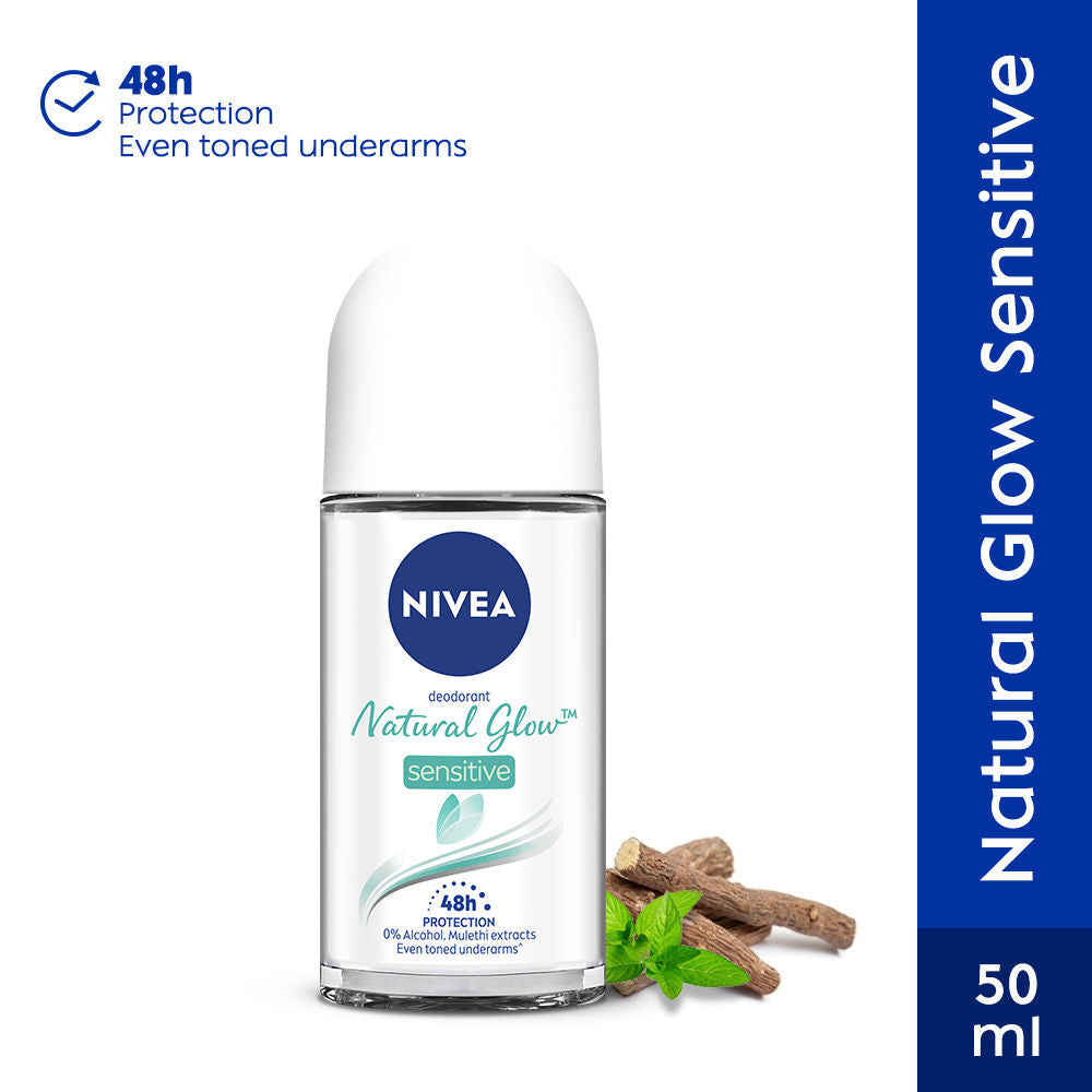 NIVEA Women Deodorant Roll On, Whitening Sensitive, for 48h Protection - 50ml